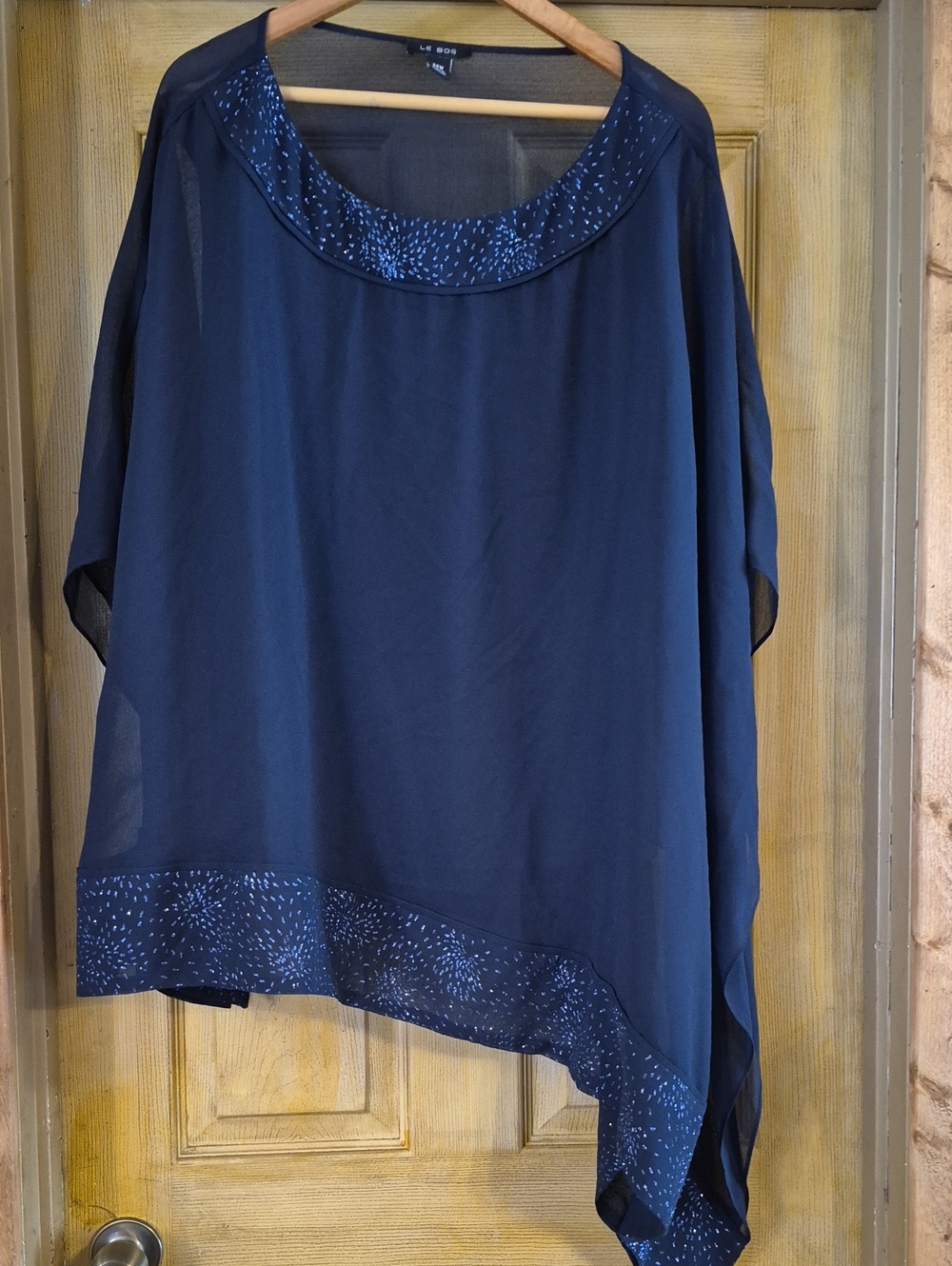 Navy Flowy Glitzy Asymmetrical Top 24W Tall Semi Sheer Tank Le Bos Sparkles